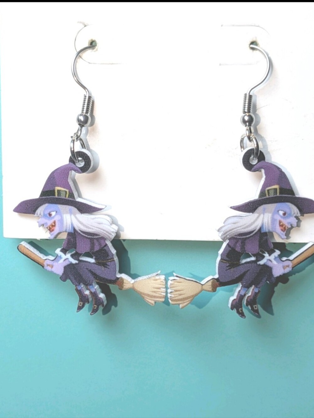 Hand Crafted Purple Witch Riding Broomstick Dangle Earrings